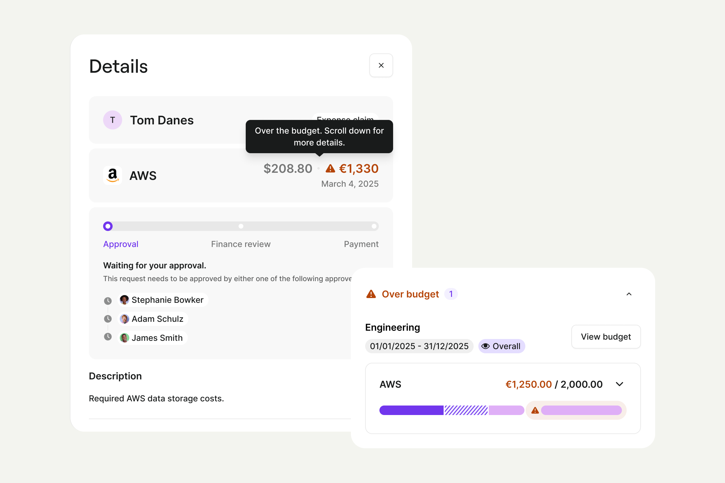 Spendesk Budgets 2.0 interface showing an over-budget AWS request and approval path