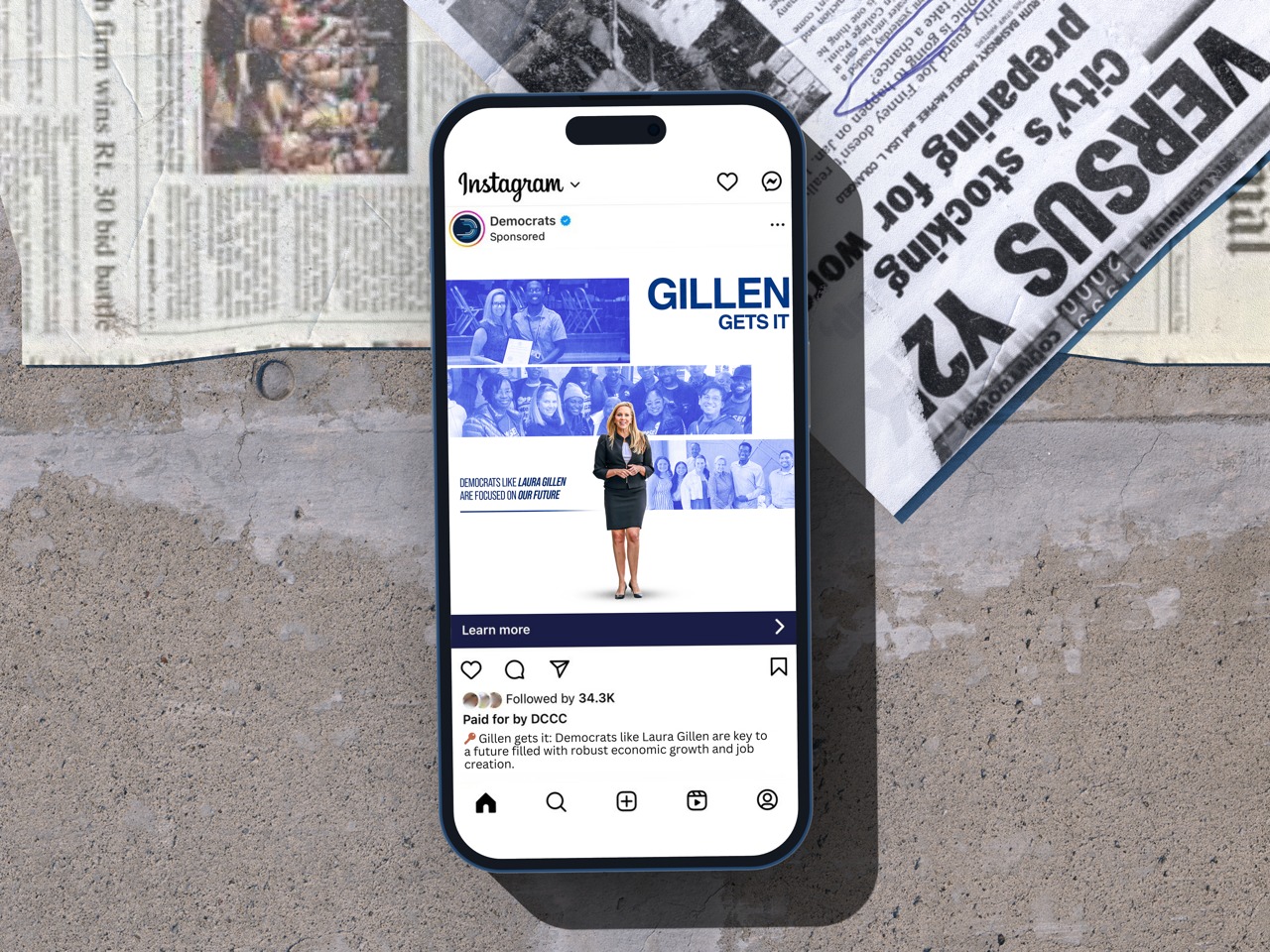 Phone mockup showing a Gillen campaign social media advertisement