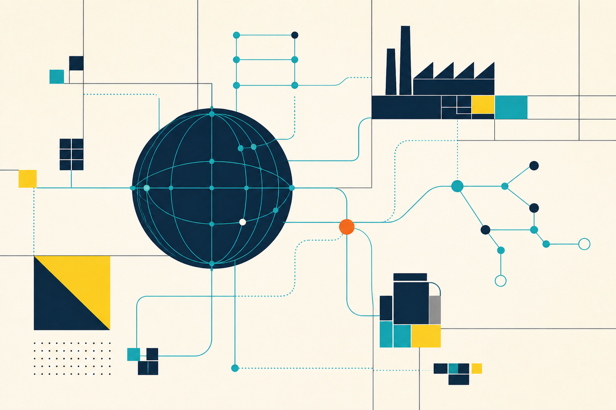 Abstract Swiss-style illustration of connected industrial, environmental and supply-chain risk signals