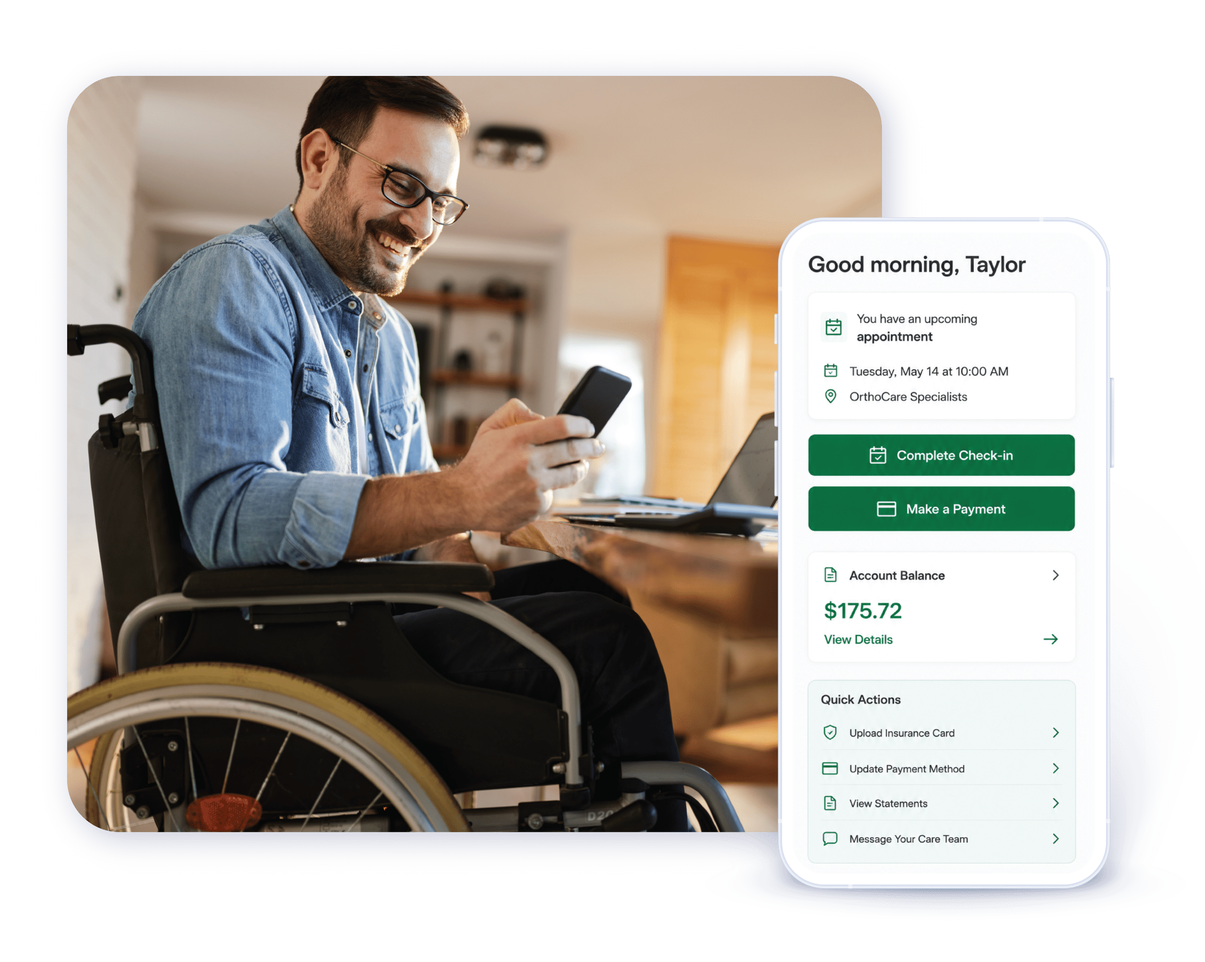 Health iPASS promotional mockup showing appointment check-in, payment and patient account options