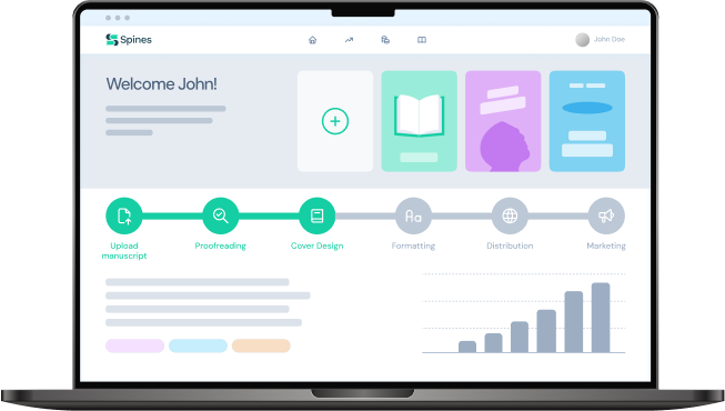 Spines product illustration showing a dashboard with manuscript, proofreading, cover, formatting, distribution and marketing stages