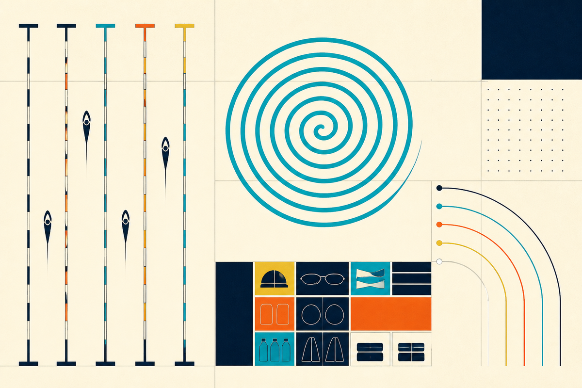 Abstract Swiss-style composition of swimming lanes, a spiral, product blocks and data arcs