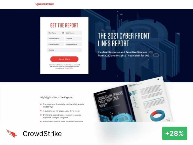 CrowdStrike report landing page shown by Spiralyze, with a sales form on the left and report imagery on the right