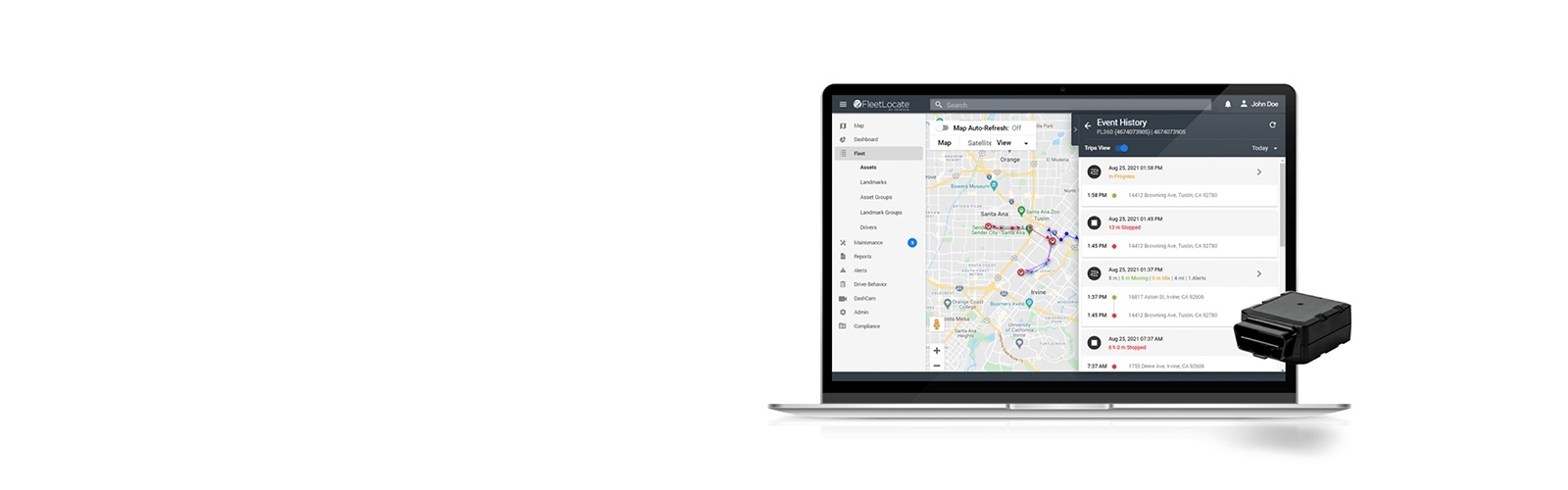 FleetLocate map and event history displayed on a laptop beside a vehicle tracking device