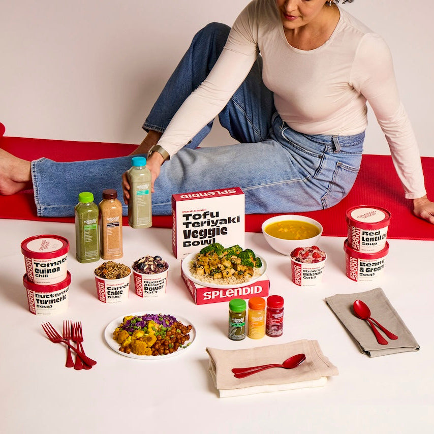 Splendid Spoon smoothies, soups and prepared bowls arranged on a table