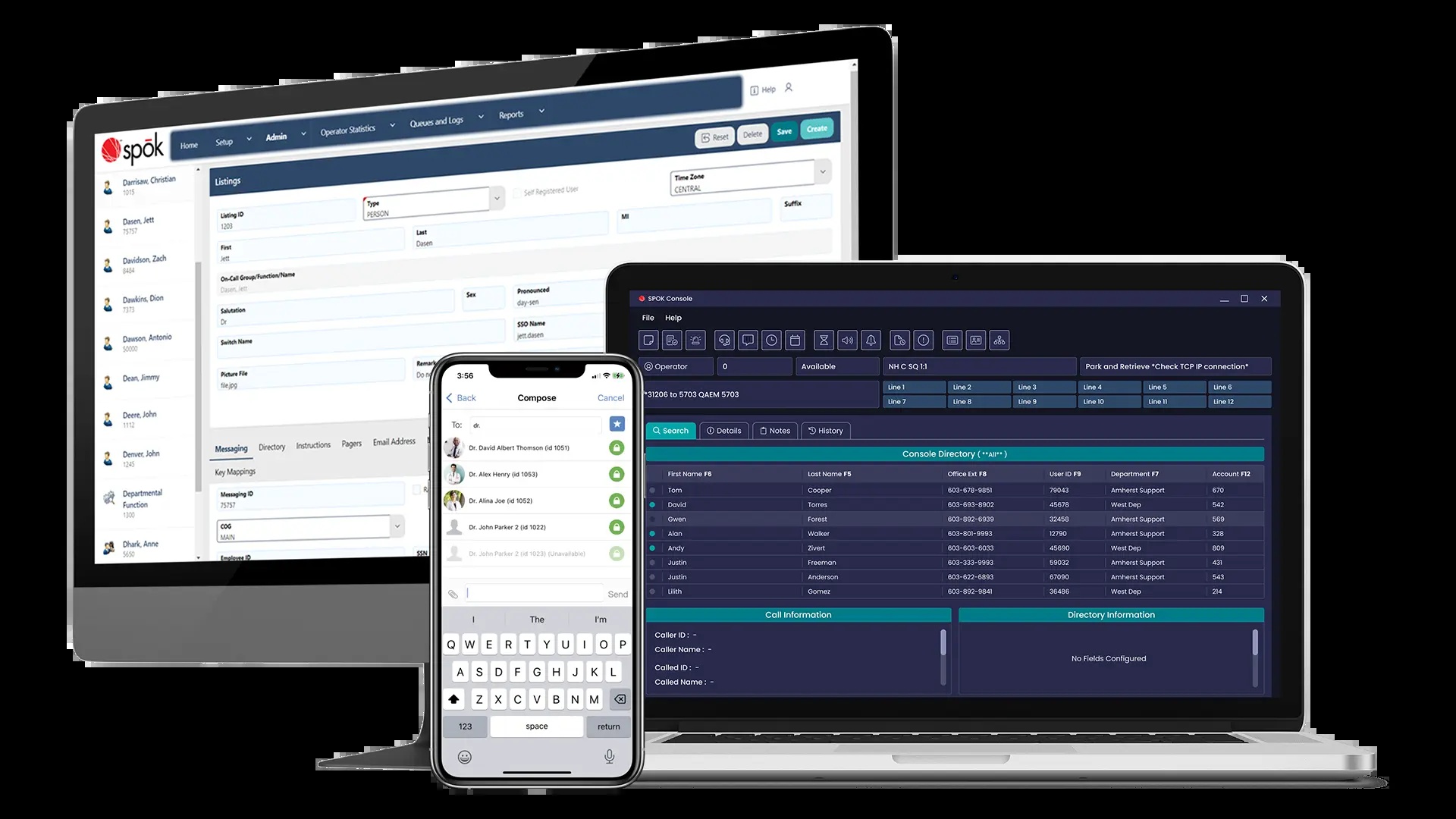 Spok’s product illustration showing directory software, an operator console, and mobile messaging