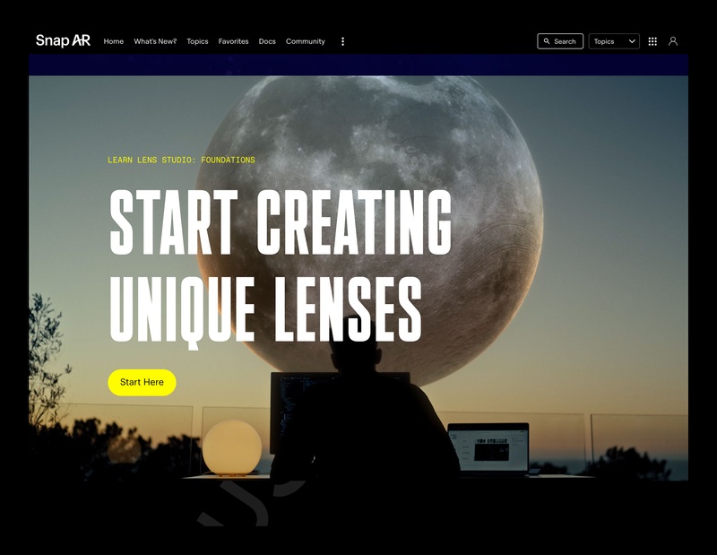 Snap AR learning hub showing the Start Creating Unique Lenses foundations course
