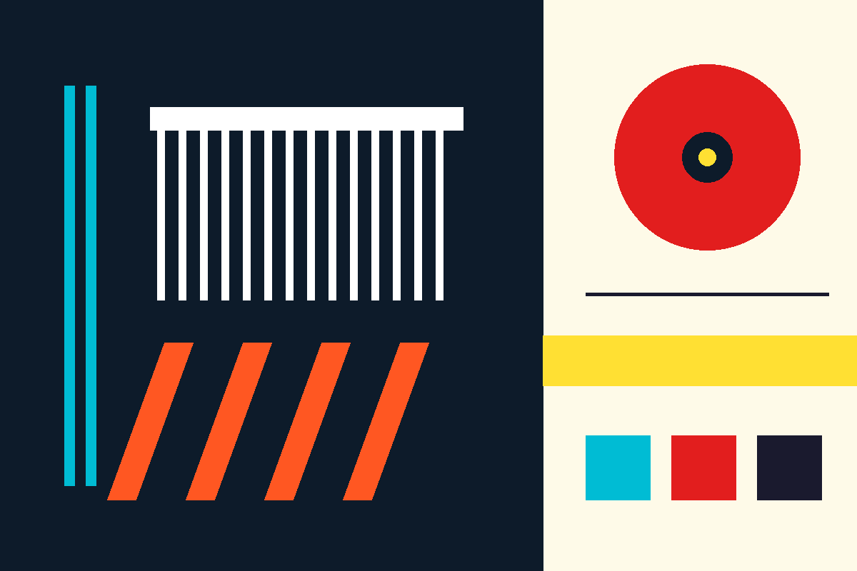 Swiss-style graphic of a comb, barber-pole stripes and a target motif in Sport Clips colors