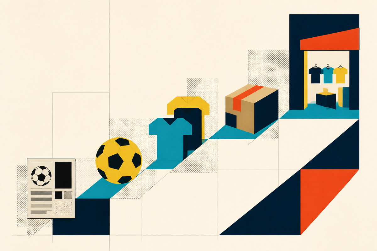 Abstract Swiss-style progression from a soccer catalog through a ball, team shirts and a parcel to a sports shop