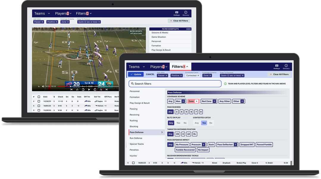 SIS Film Room product showing game footage, player filters, and play-by-play search results on two laptop screens
