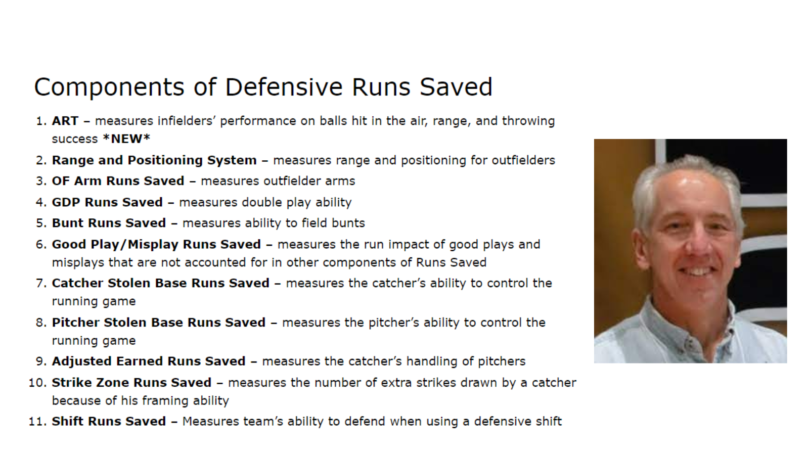 John Dewan alongside a diagram listing the components of Defensive Runs Saved, including range, throwing, double plays, and pitch framing