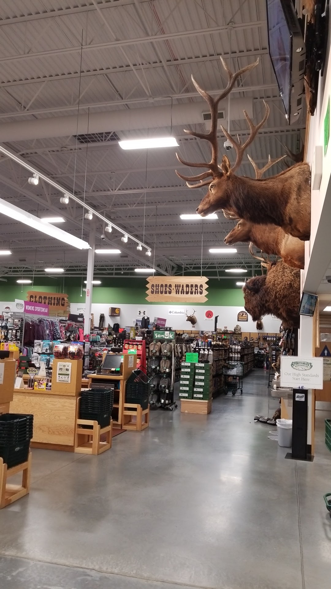 Mounted elk and bison above footwear and clothing displays in the South Jordan store