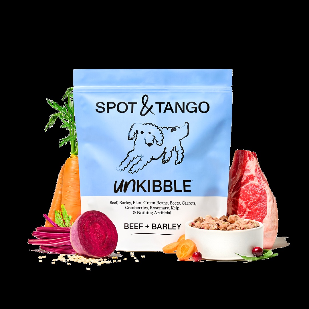 Beef and Barley UnKibble bag surrounded by beef, beets and carrots