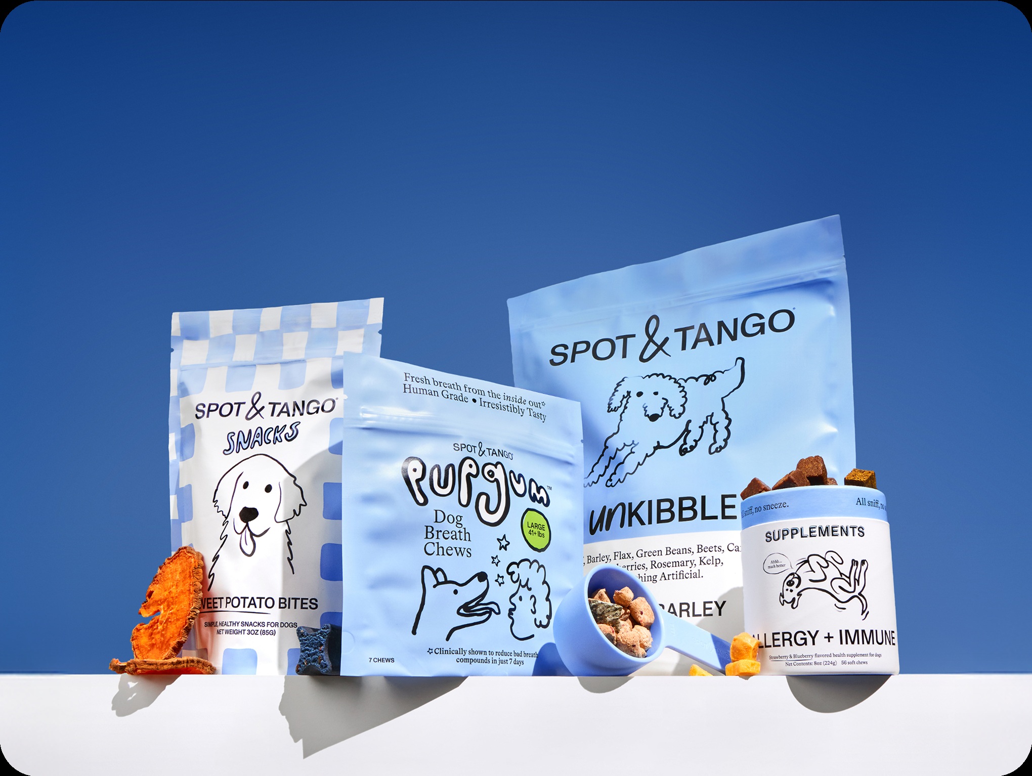 Spot and Tango product range including UnKibble, snacks, supplements and PupGum