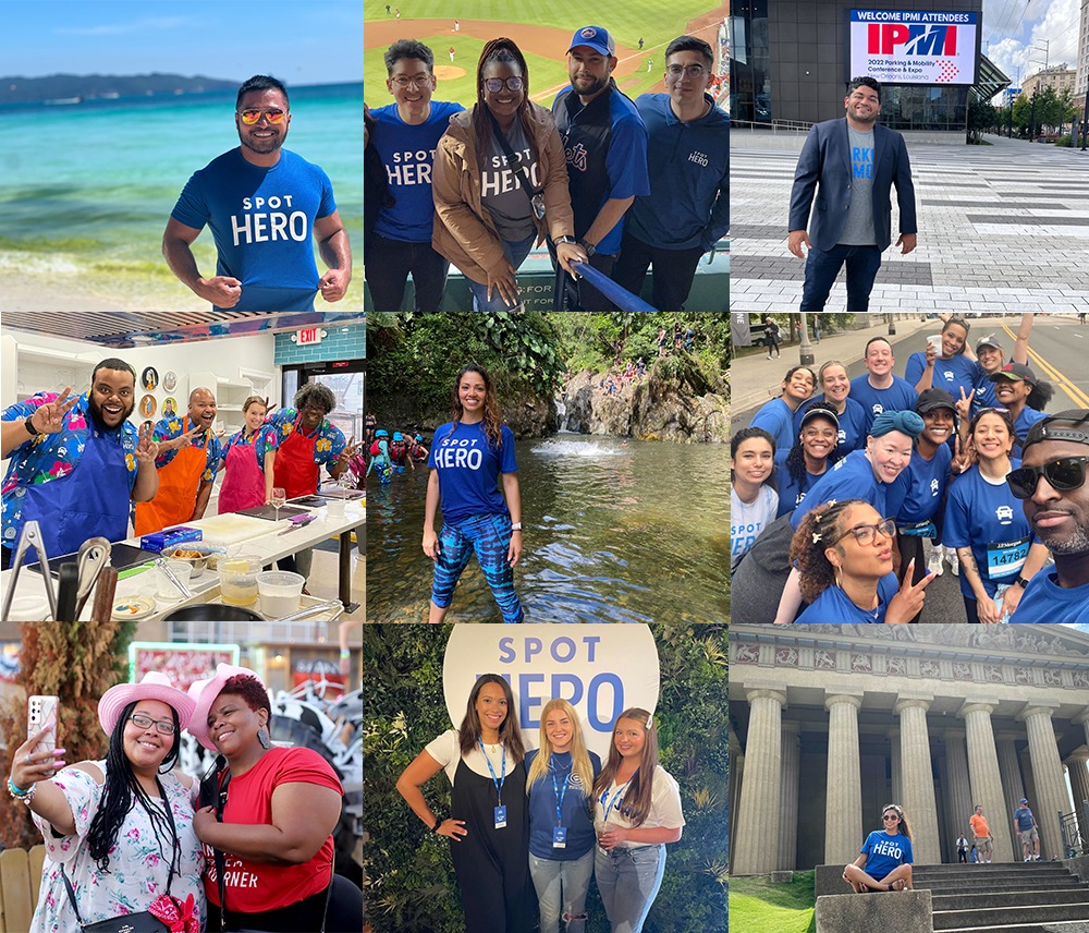 Company-published collage of SpotHero employees at outings, industry events and volunteer activities