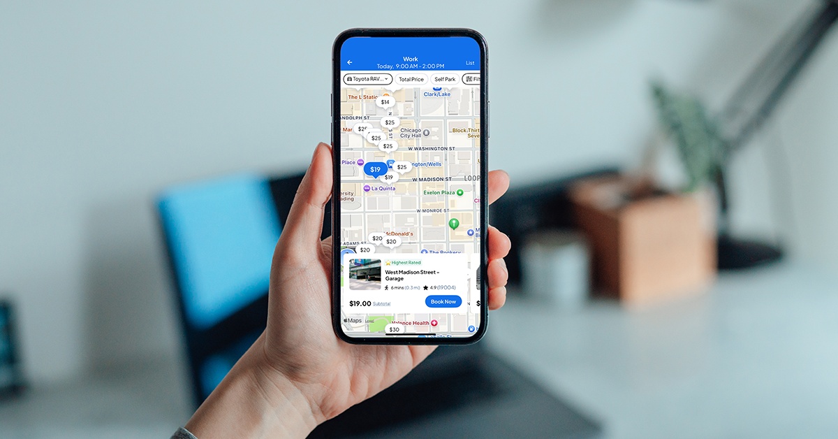 SpotHero’s app displaying parking prices on a map of downtown Chicago
