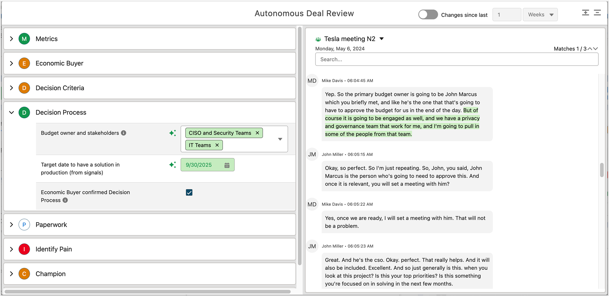 Spotlight.ai Autonomous Deal Review screen showing MEDDICC categories beside highlighted meeting evidence