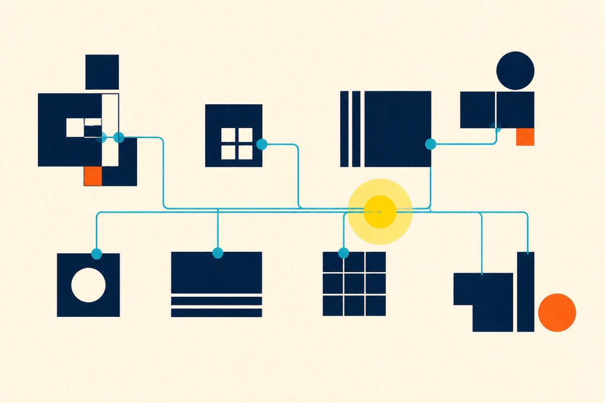 Abstract Swiss-style grid of connected software systems illuminated by a yellow circle