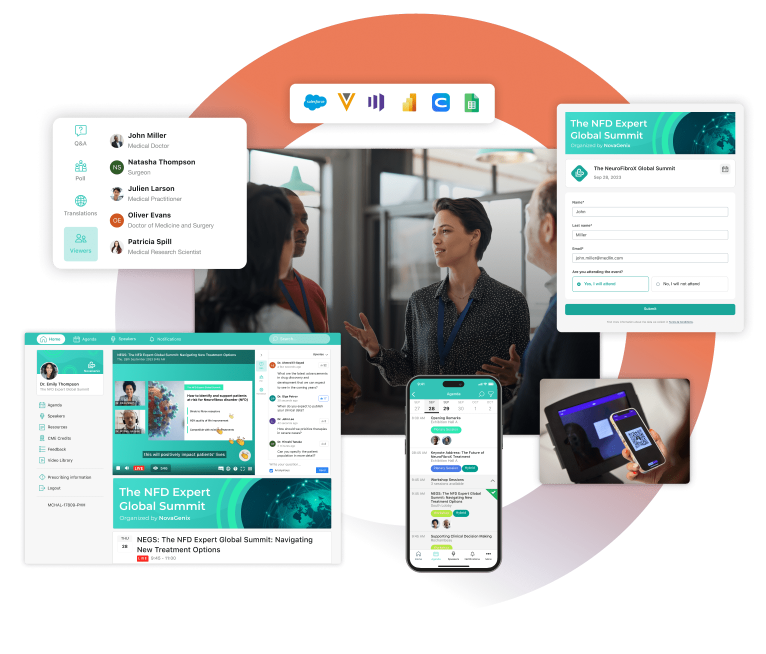 SpotMe product illustration showing event registration, web and mobile agendas, audience tools and check-in