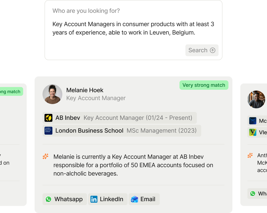 Spott product interface showing natural-language candidate search and semantic match results