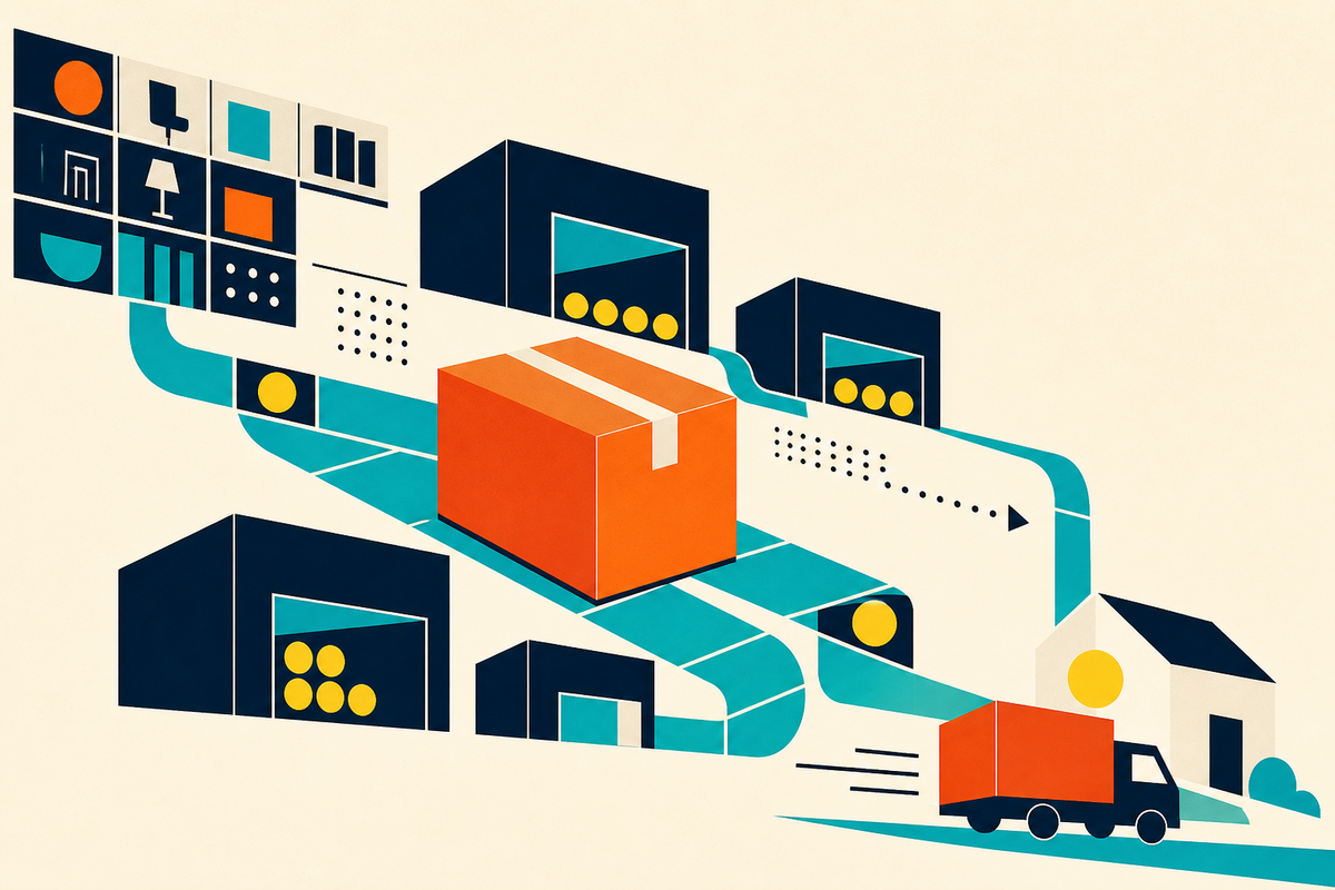 Abstract Swiss-style illustration of a large orange parcel moving through a teal fulfillment network
