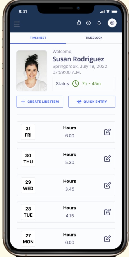 Springbrook’s published Cirrus mobile timesheet illustration, showing sample employee hours and timesheet entry controls