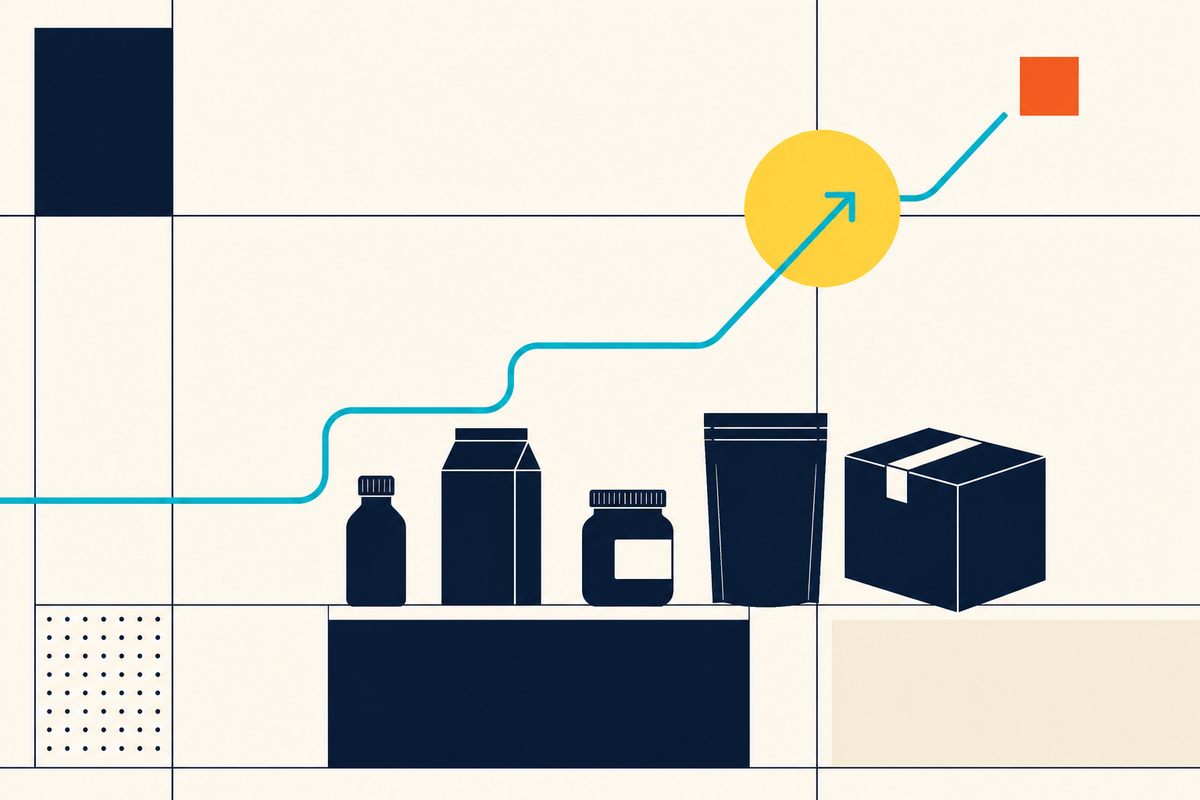 Minimal Swiss-style illustration of consumer packages connected by an ascending route line