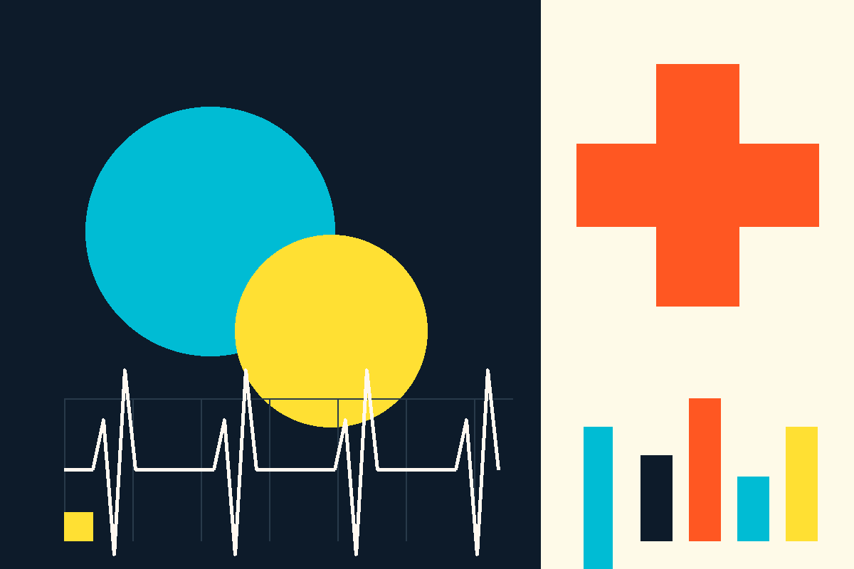 Swiss-style abstract graphic: teal and yellow circles, an orange medical cross, and a heartbeat line on navy.