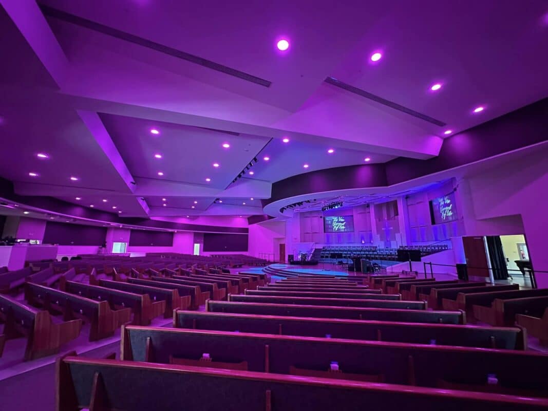 Spatial Flat LED house lights installed in a church sanctuary