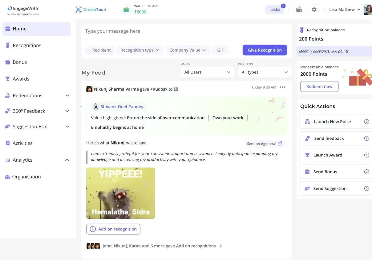 EngageWith product interface showing employee recognition tools
