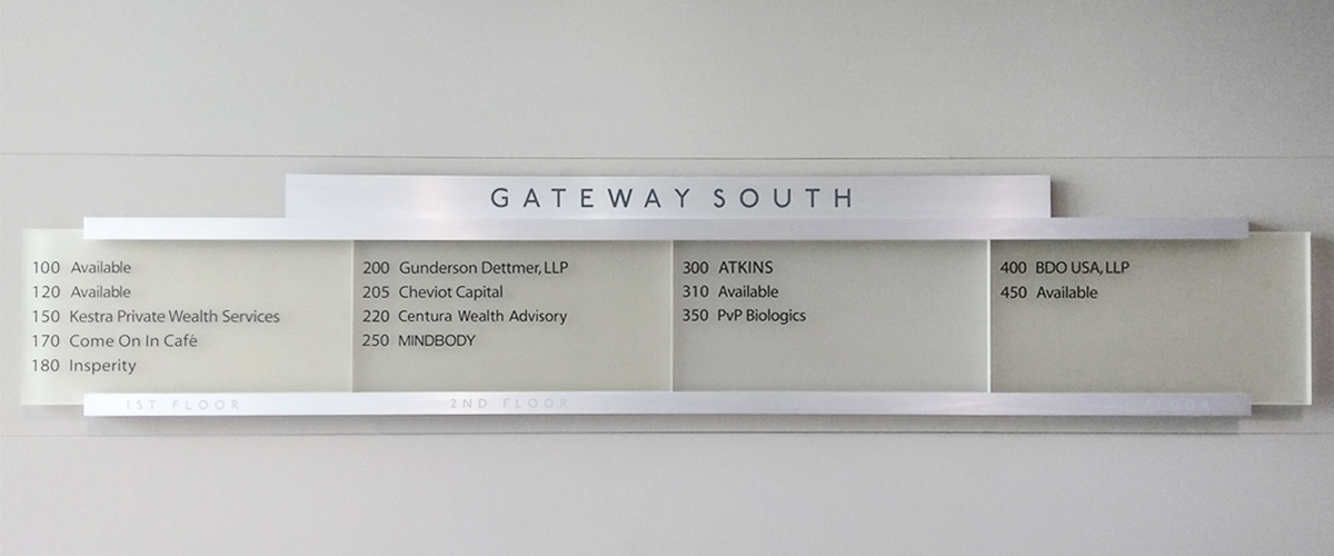 Gateway South directory with tenant names and suite numbers organized into floor columns
