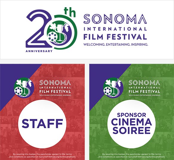 Sonoma International Film Festival anniversary identity and colorful staff and sponsor badges