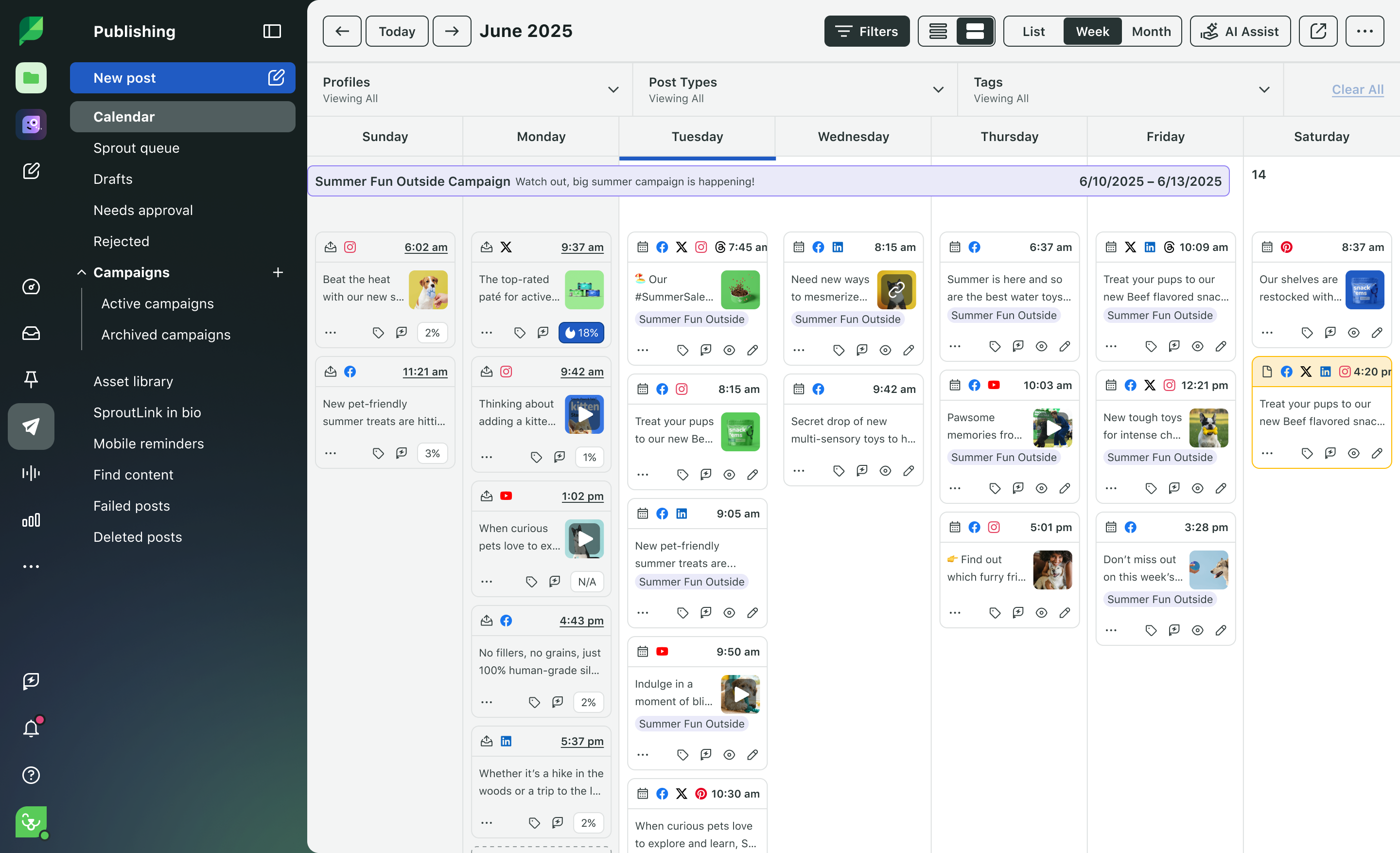 Sprout Social publishing calendar displaying a month of scheduled campaign posts