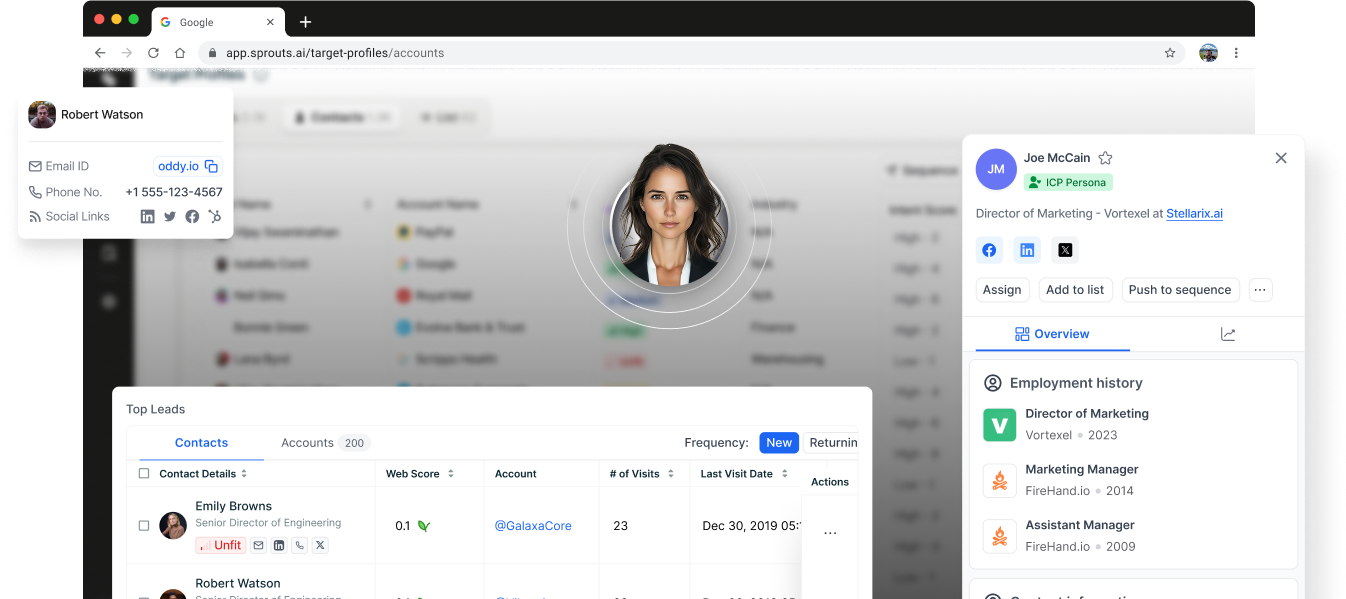 Sprouts.ai dashboard showing contact identification, top leads and an ideal customer profile