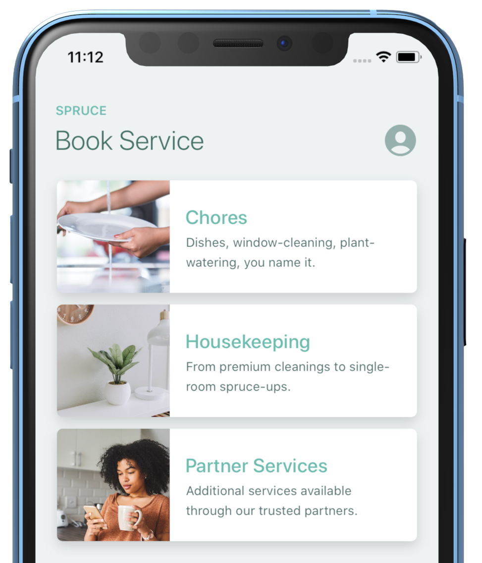 Spruce app screen showing chores, housekeeping and partner service categories