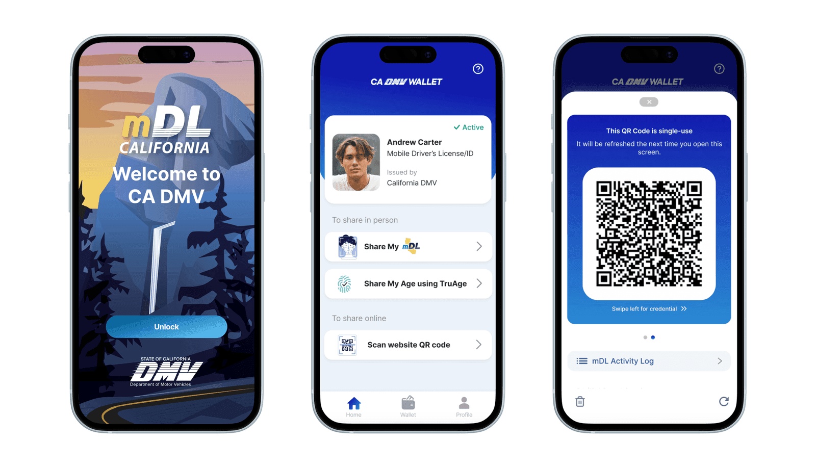 Three official product screens showing the California DMV Wallet interface