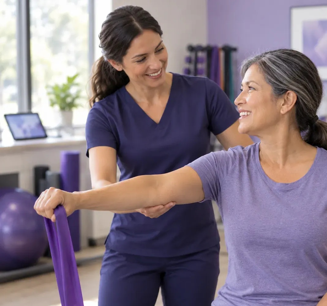 A therapist guiding a seated woman through a resistance-band exercise