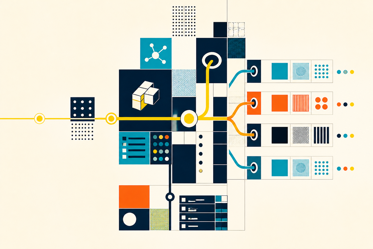 Abstract Swiss-style illustration of modular commerce paths branching through geometric systems