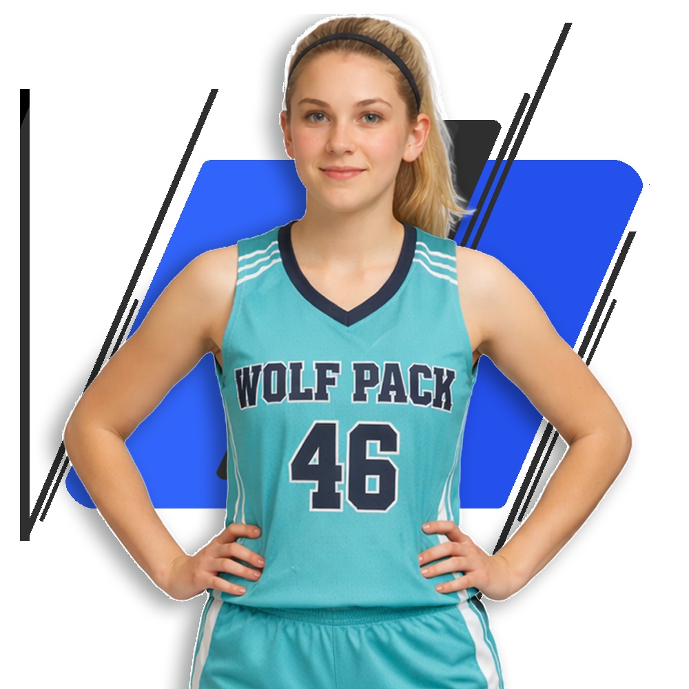 SquadLocker promotional photograph of a player wearing a teal Wolf Pack basketball uniform
