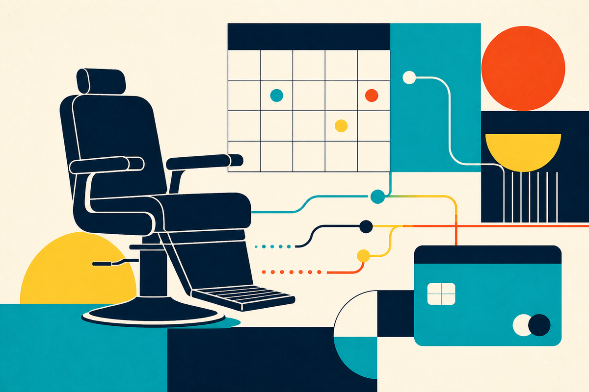 Abstract Swiss-style composition of a barber chair, calendar, payment card, and connected workflow lines