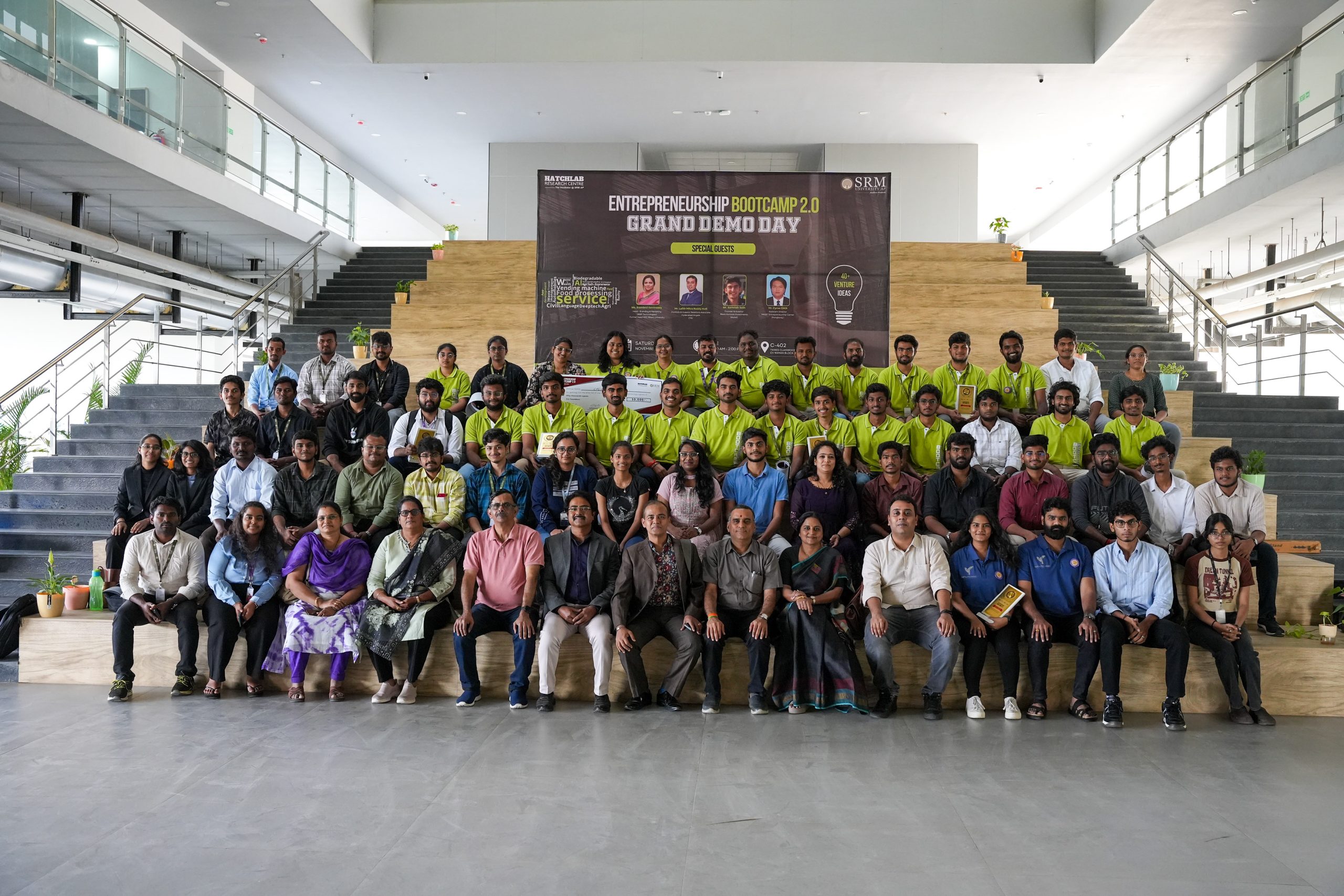 Students and mentors assembled on the steps at SRM University-AP’s Entrepreneurship Bootcamp Demo Day