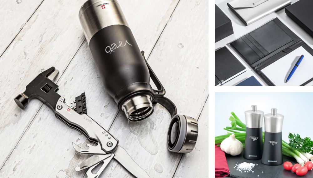 A branded travel mug and multi-tool beside notebooks, a pen and kitchen accessories
