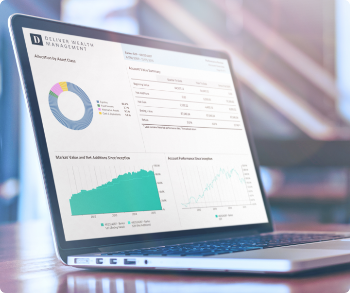 Black Diamond reporting illustration showing portfolio allocation and performance charts on a laptop