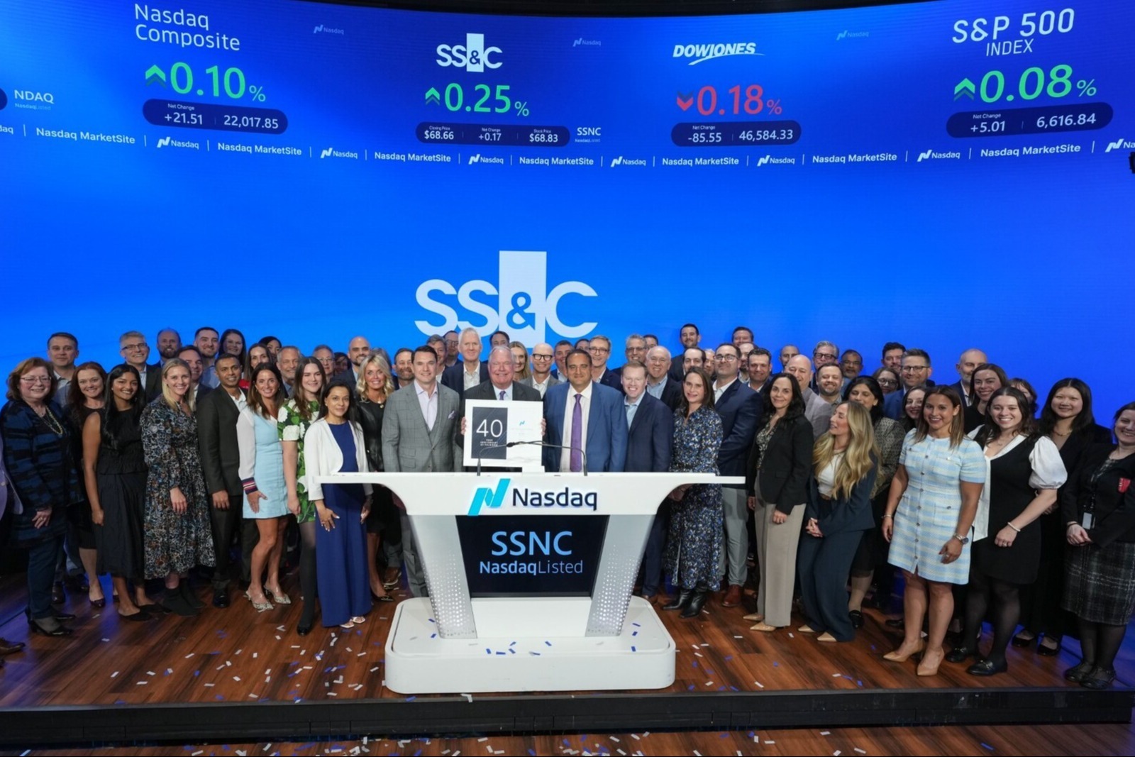 SS&C colleagues gathered around a Nasdaq podium during the company’s 40th anniversary celebrations