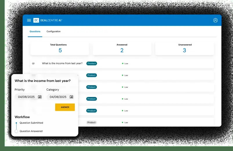 DealCentre AI interface showing a due diligence question workflow and status dashboard