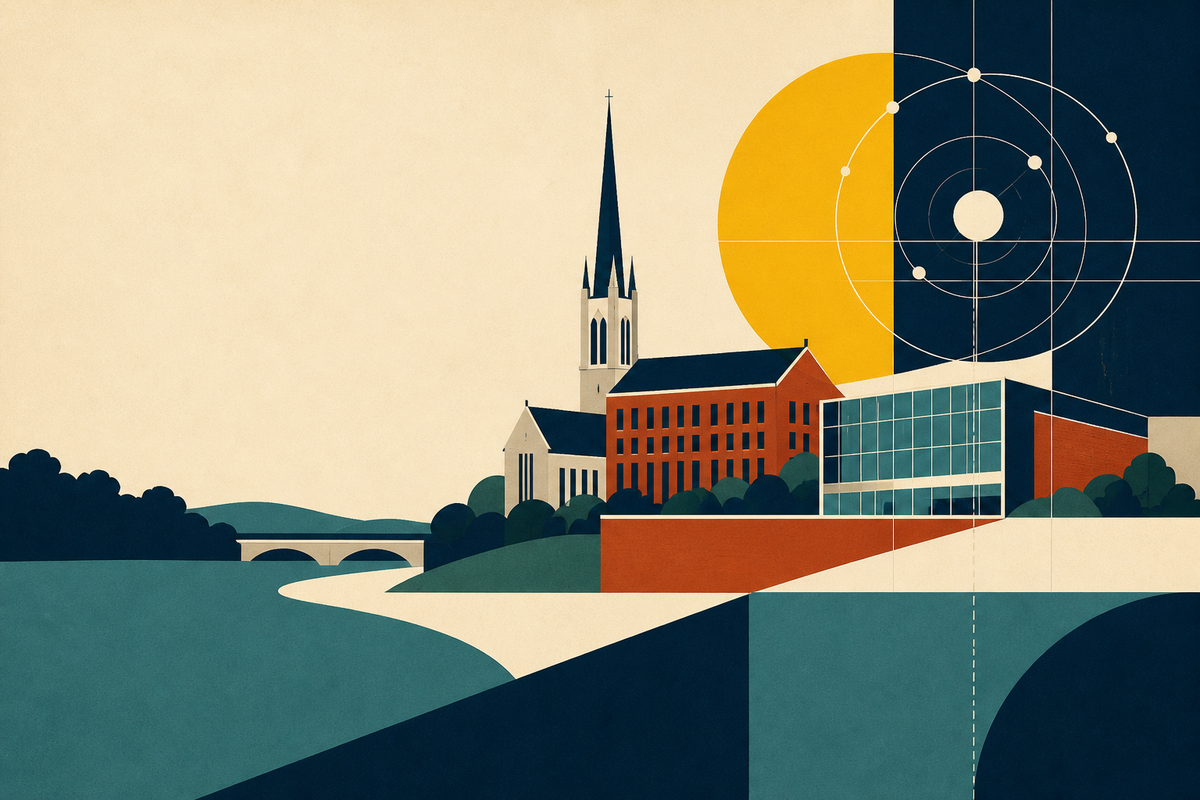 Abstract Swiss-style illustration of a riverfront college, chapel spire and modern data grid