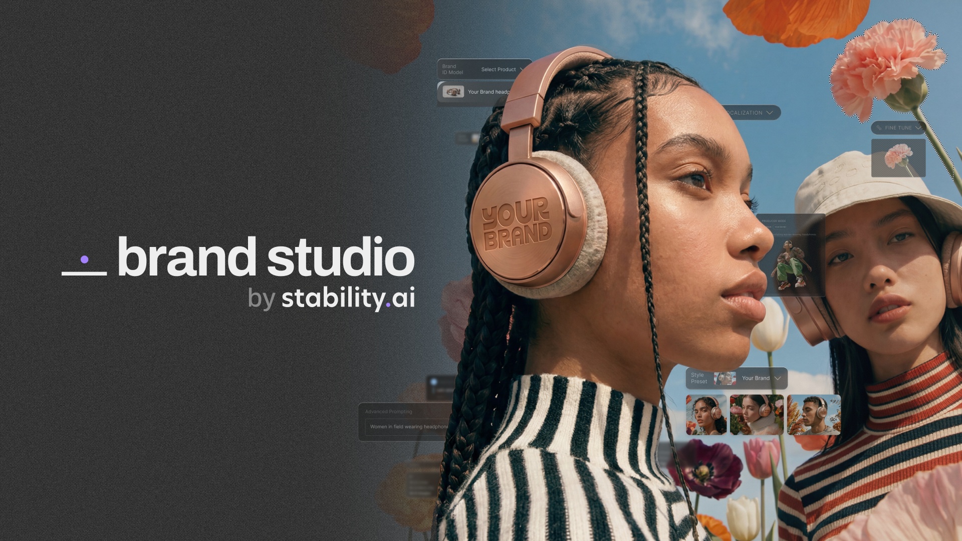 Official Brand Studio promotional artwork showing headphones, campaign imagery and customization controls