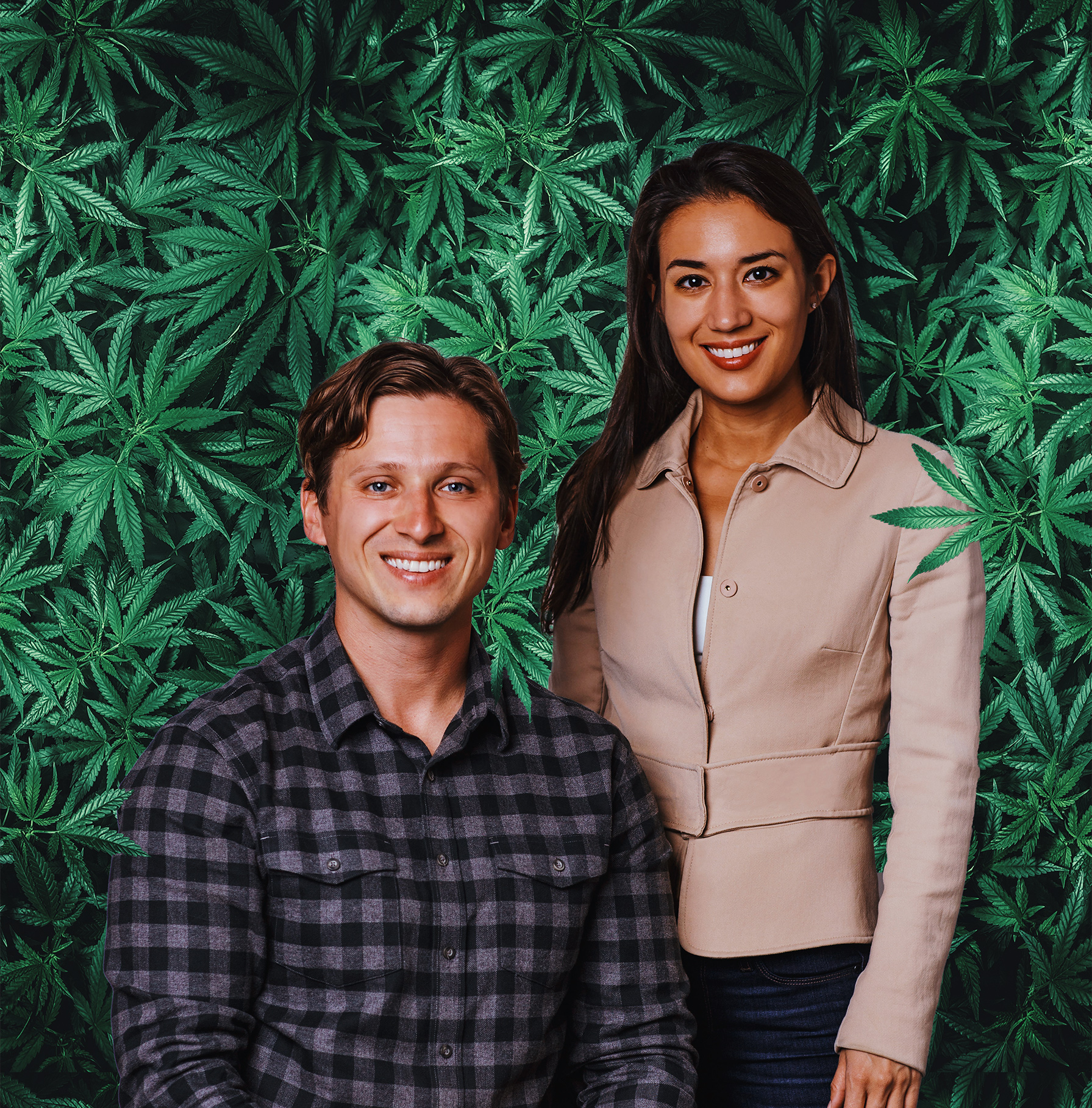 Canix co-founders Artem Pasyechnyk, left, and Stacey Hronowski, right, against a cannabis-leaf backdrop