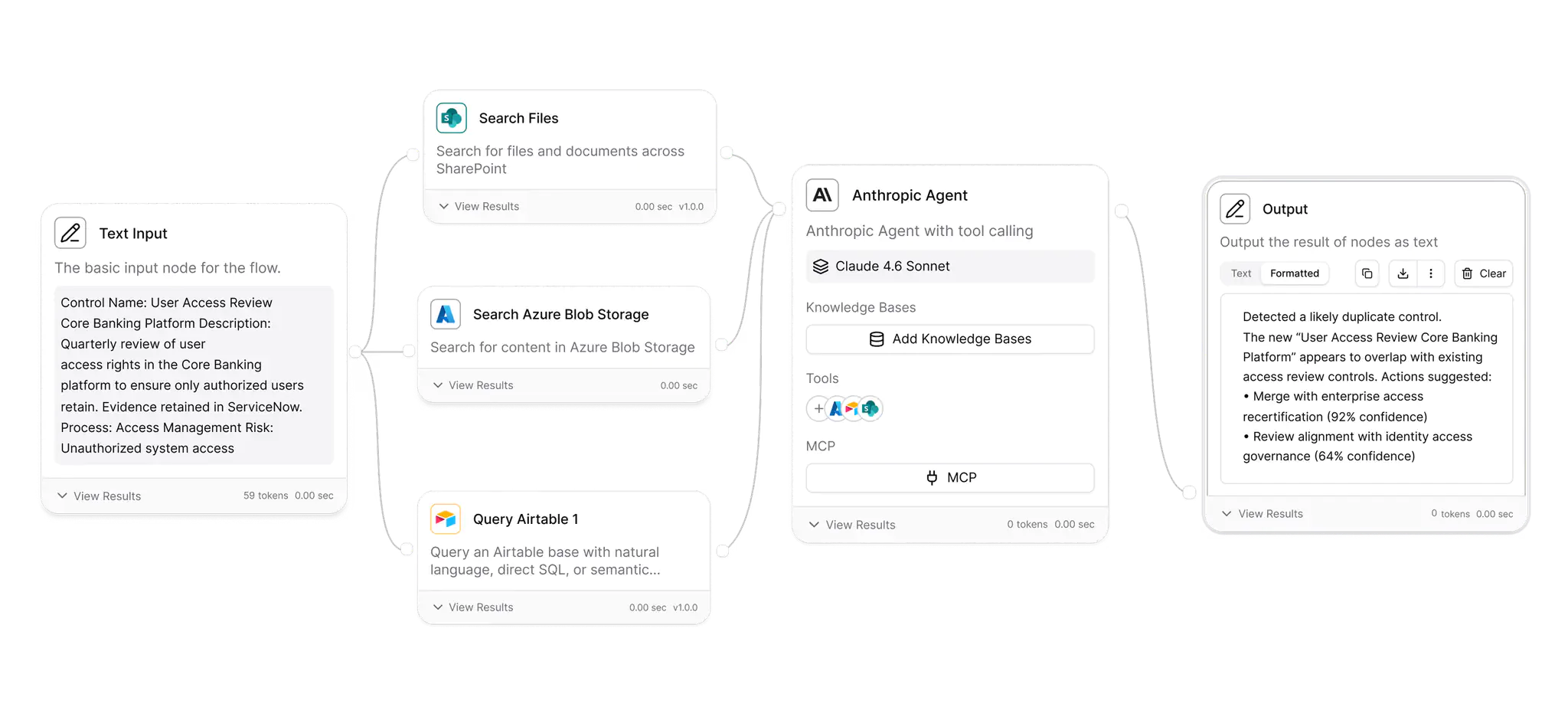 StackAI workflow canvas connecting SharePoint, Azure Blob Storage, Airtable, and an Anthropic model