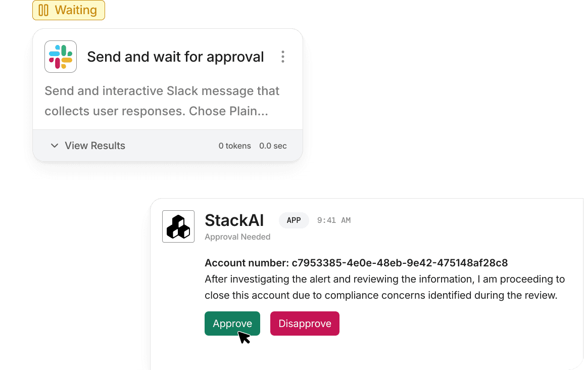 StackAI human approval message in Slack with approve and disapprove buttons